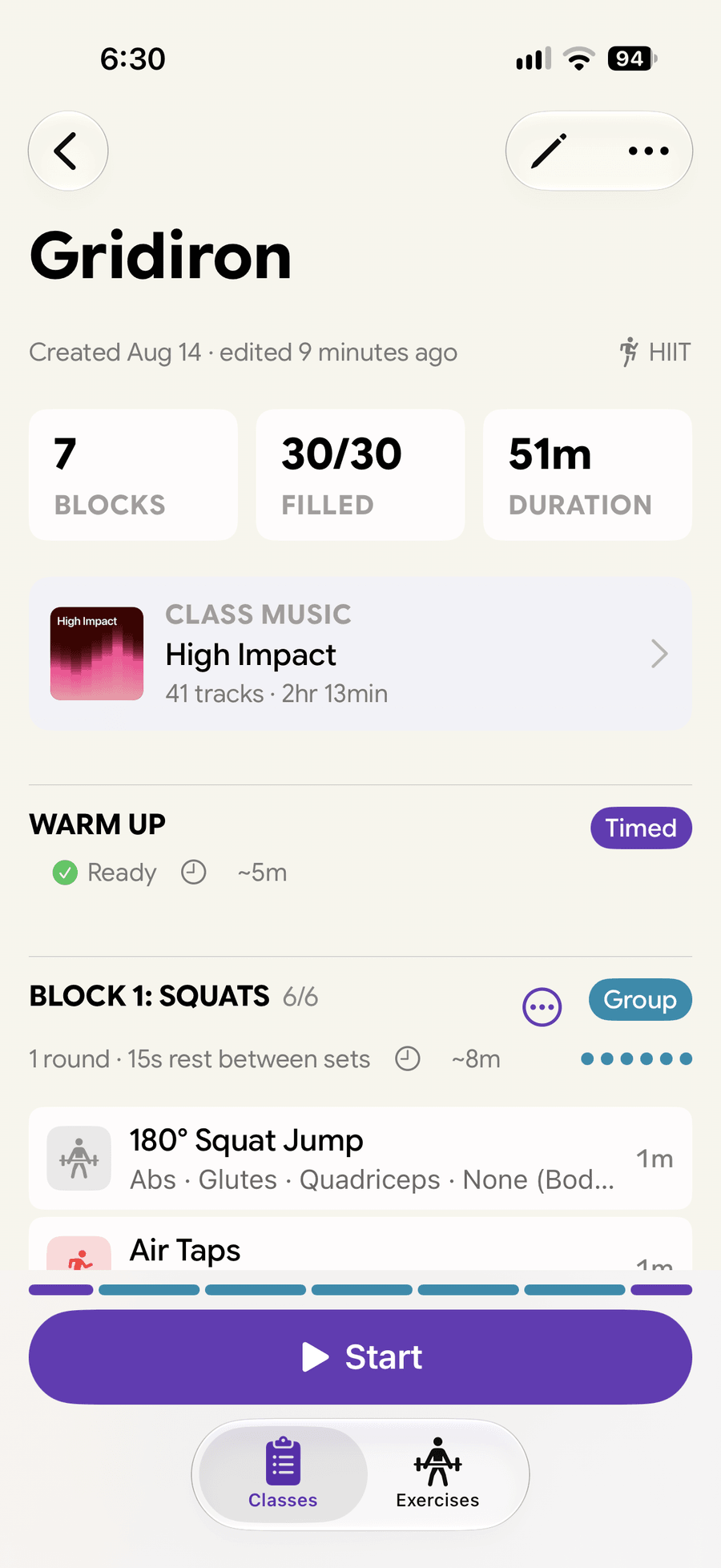 Gridiron ready to teach, showing 7 blocks, 30 of 30 slots filled, a 51 minute run time, its paired playlist, and a Start button