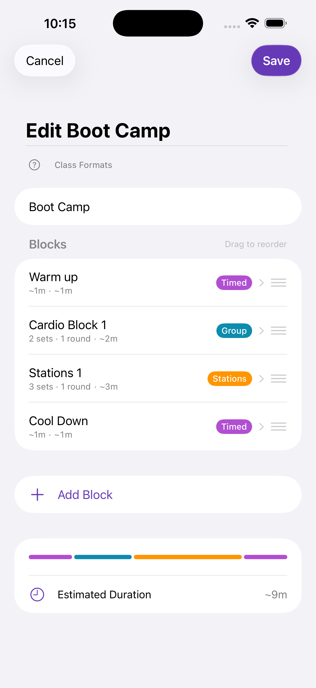 Class format editor with timed, group and stations blocks