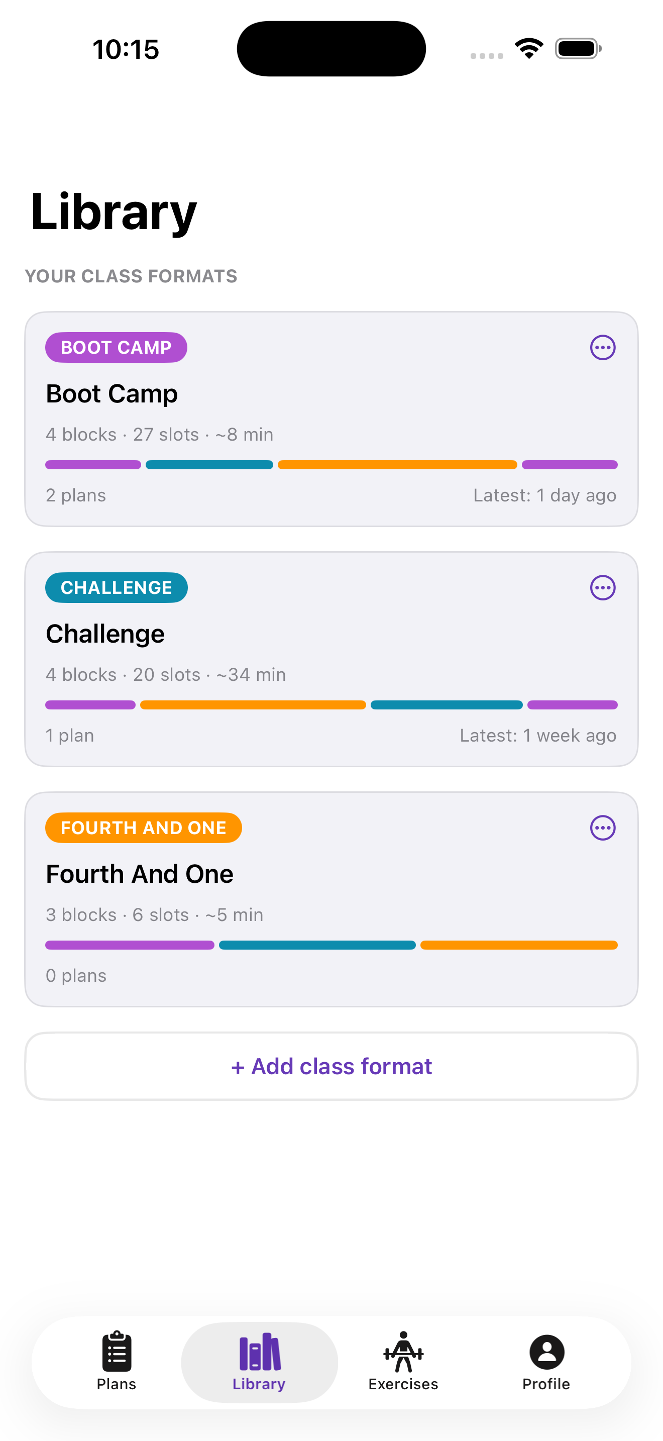 Class formats library tab showing Boot Camp, Challenge, and Fourth And One formats